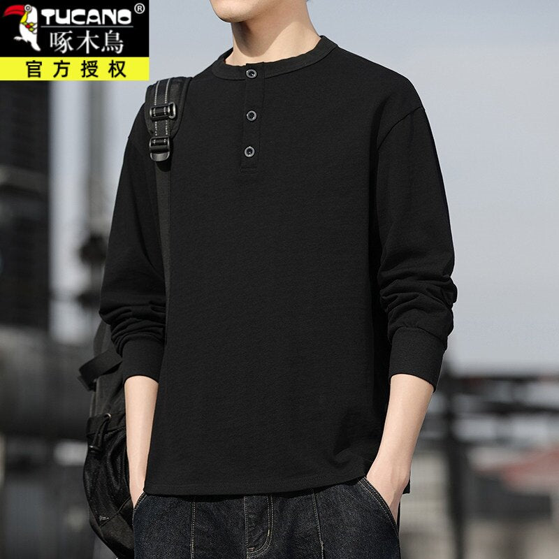 Men's Henry Collar Long-Sleeve T-Shirt – 100% Pure Cotton | Spring & Autumn