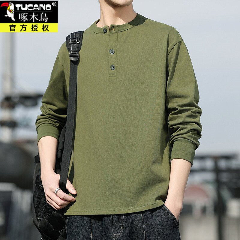 Men's Henry Collar Long-Sleeve T-Shirt – 100% Pure Cotton | Spring & Autumn