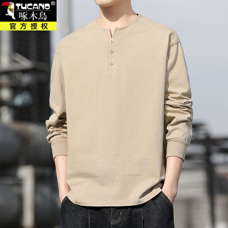 Men's Henry Collar Long-Sleeve T-Shirt – 100% Pure Cotton | Spring & Autumn