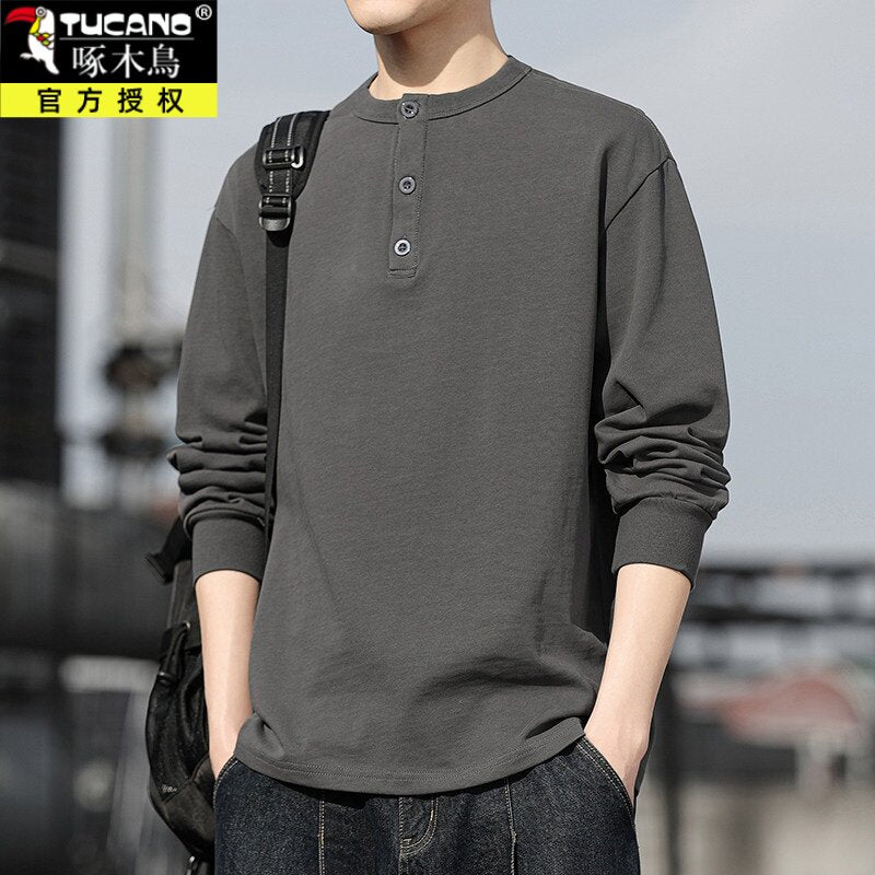 Men's Henry Collar Long-Sleeve T-Shirt – 100% Pure Cotton | Spring & Autumn
